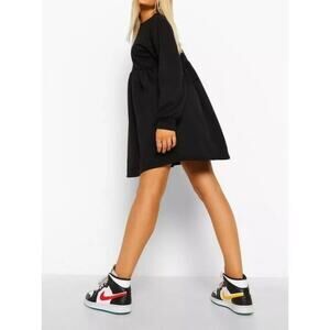 ASOS DESIGN Long Sleeve Pleated Mini Sweater Shirt Dress Balloon Sleeve 10 Black